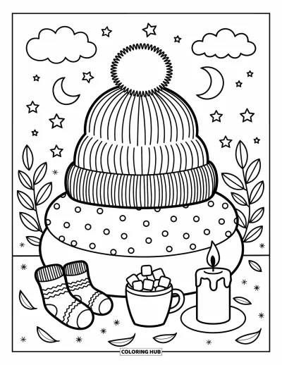 Coloriage de chapeau pour adultes : Bonnet moelleux sur un coussin avec un chocolat chaud, des chaussettes et une bougie