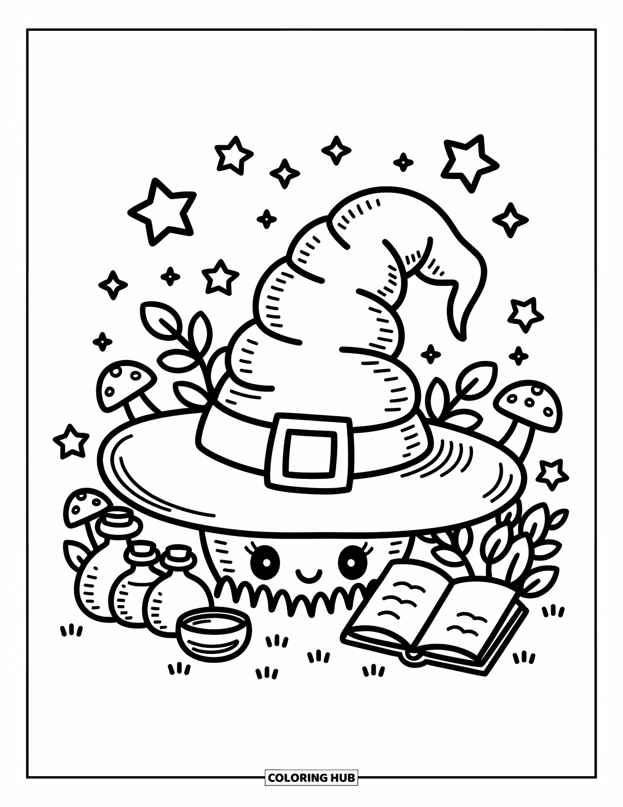 Hat Coloring Page for Adults: Forest-witch hat with potions, mushrooms, and sparkly stars