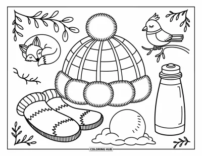 Coloriage de chapeau pour adultes : Chapeau trappeur douillet avec des moufles, une boule de neige, un thermos et des animaux des bois