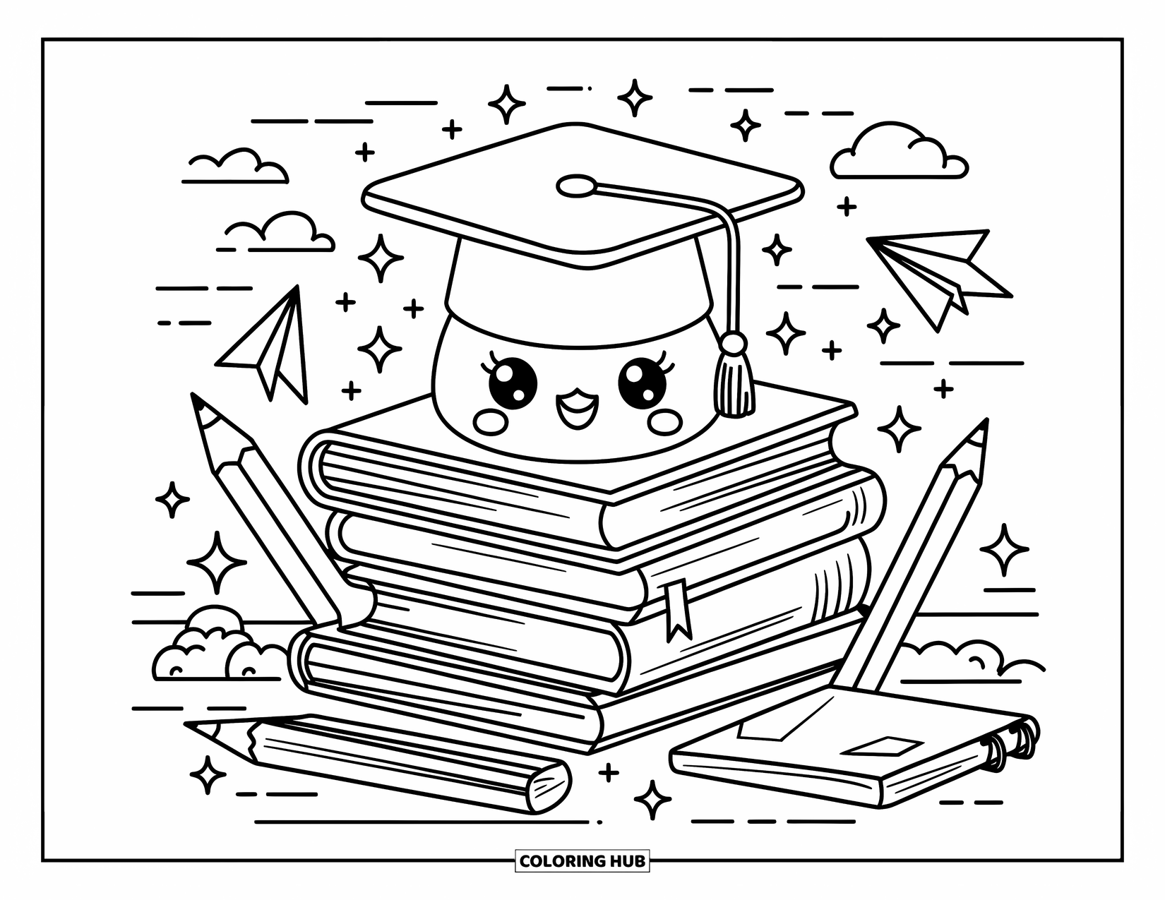 Hat Coloring Page for Adults: Graduation cap on cheerful books with paper planes and sparkling stars