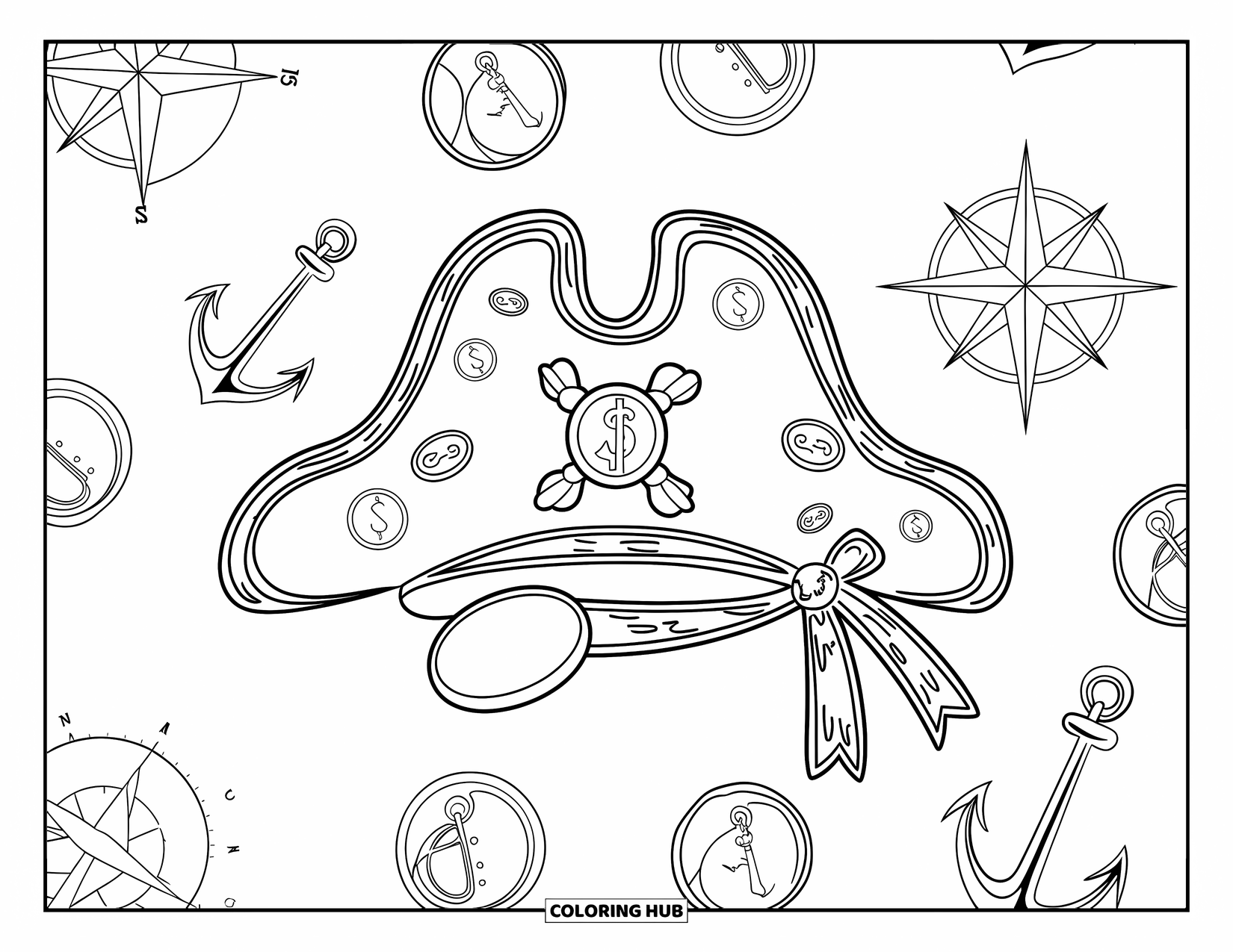 Hat Coloring Page for Adults: Hat made of scrolls and coins with compass and anchor details