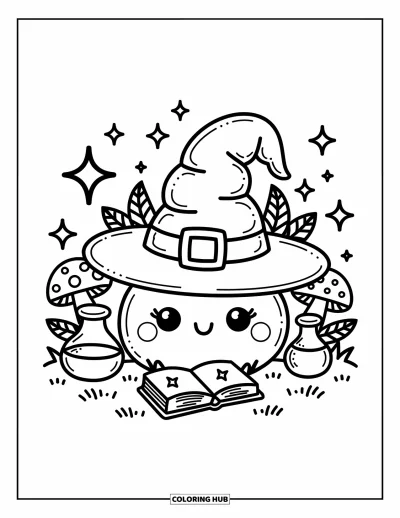 Coloriage de chapeau pour adultes : Chapeau de sorcière kawaii avec des potions, des étoiles et un petit grimoire