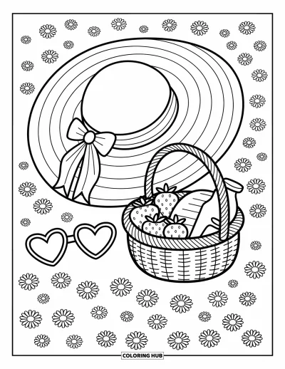 Coloriage de chapeau pour adultes : Pique-nique paisible dans une prairie avec un chapeau de soleil, un panier et des lunettes en cœur