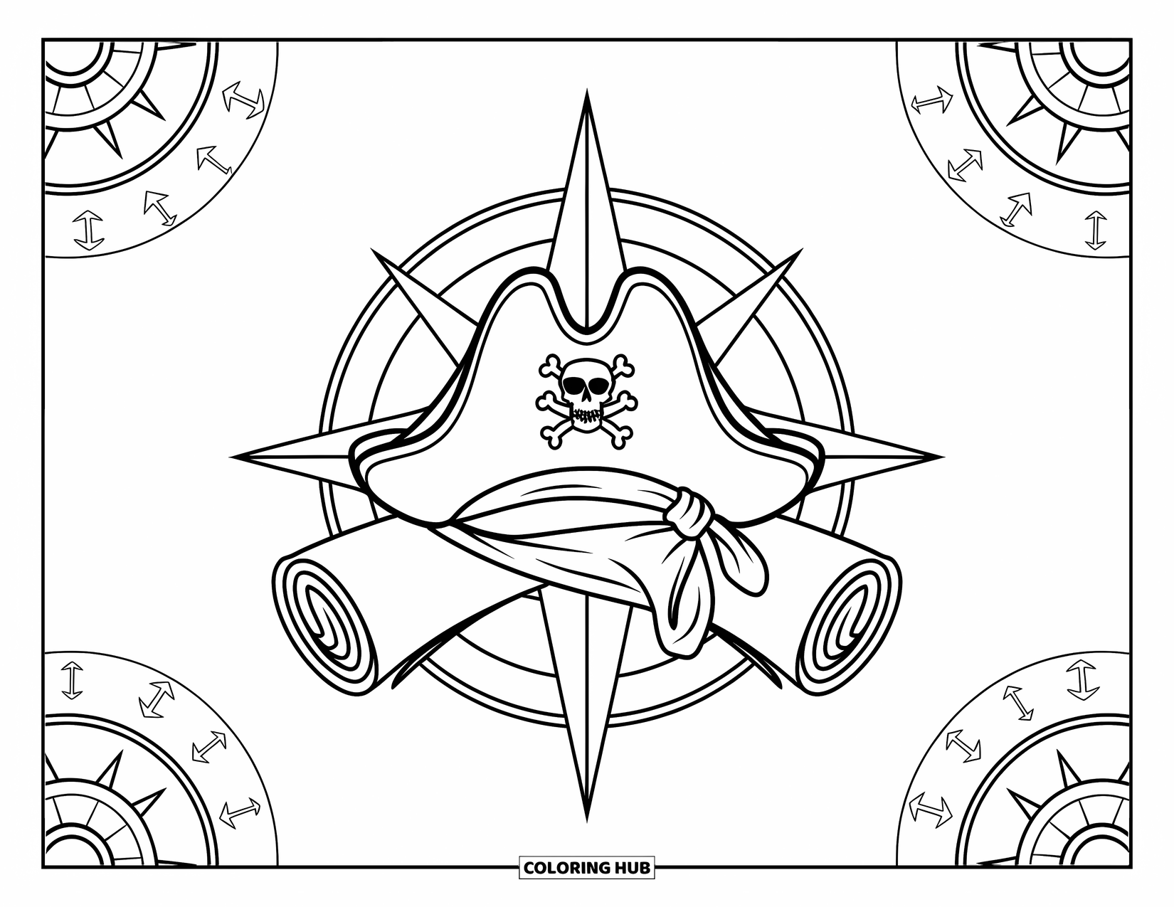Hat Coloring Page for Adults: Pirate hat on scrolls and coins with compass and anchor patterns