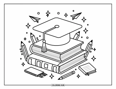 Coloriage de chapeau pour adultes : Scène de remise de diplôme joyeuse avec des livres, des étincelles et des cahiers flottants