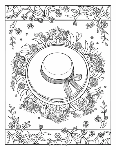 Coloriage de chapeau pour adultes : Grand chapeau de soleil à bord large avec des mandalas fleuris, des lianes et des accents de feuilles