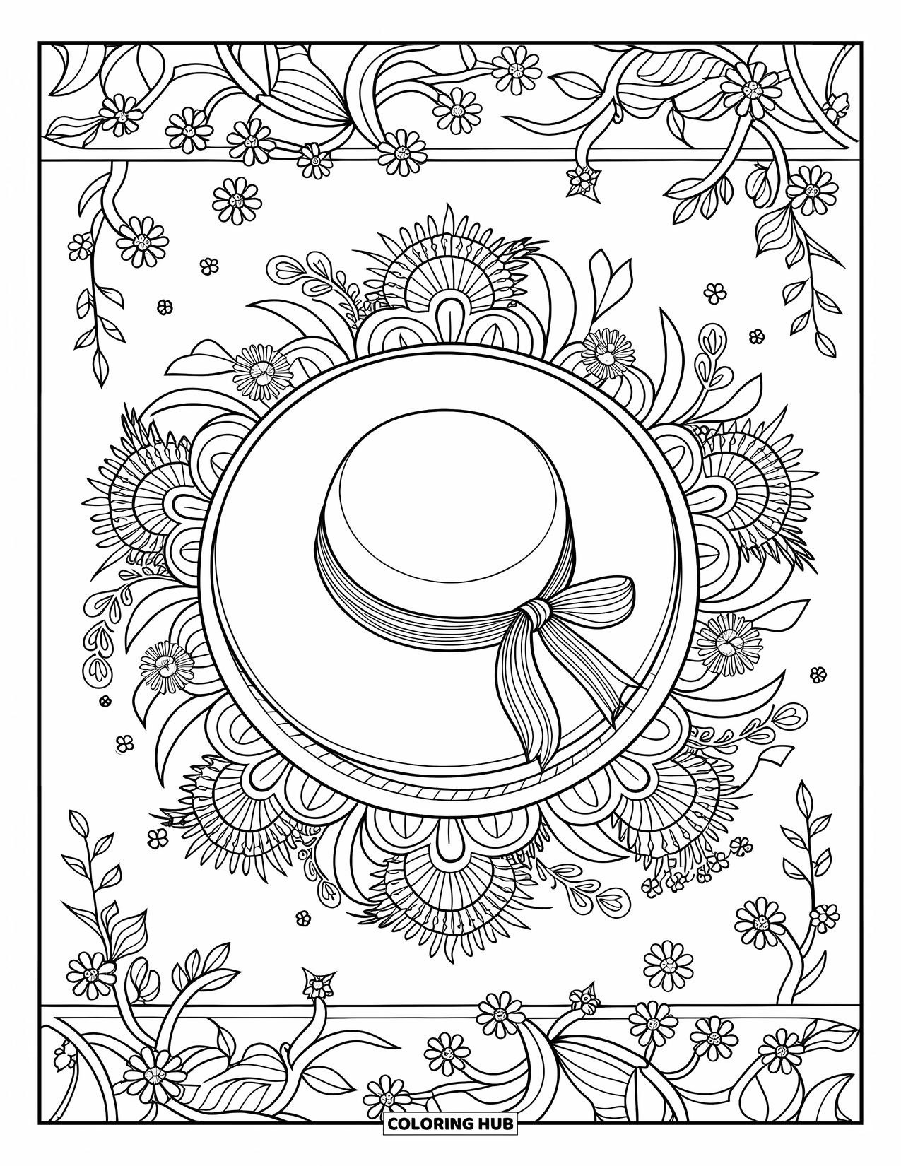 Hat Coloring Page for Adults: Wide-brimmed sun hat with floral mandalas, vines, and leafy accents