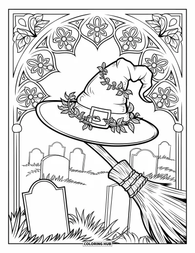 Coloriage de chapeau pour adultes : Chapeau de sorcière sur un balai avec des pierres tombales et des détails gothiques