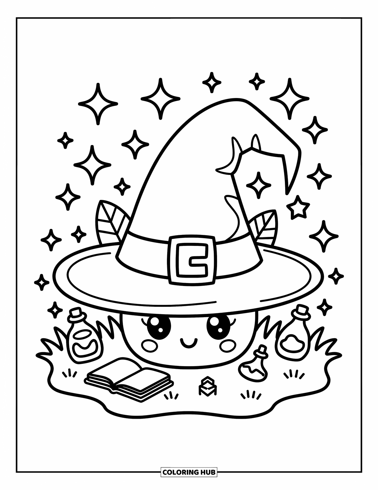 Hat Coloring Page for Adults: Witch hat on grass with sparkles, mushrooms, and vines