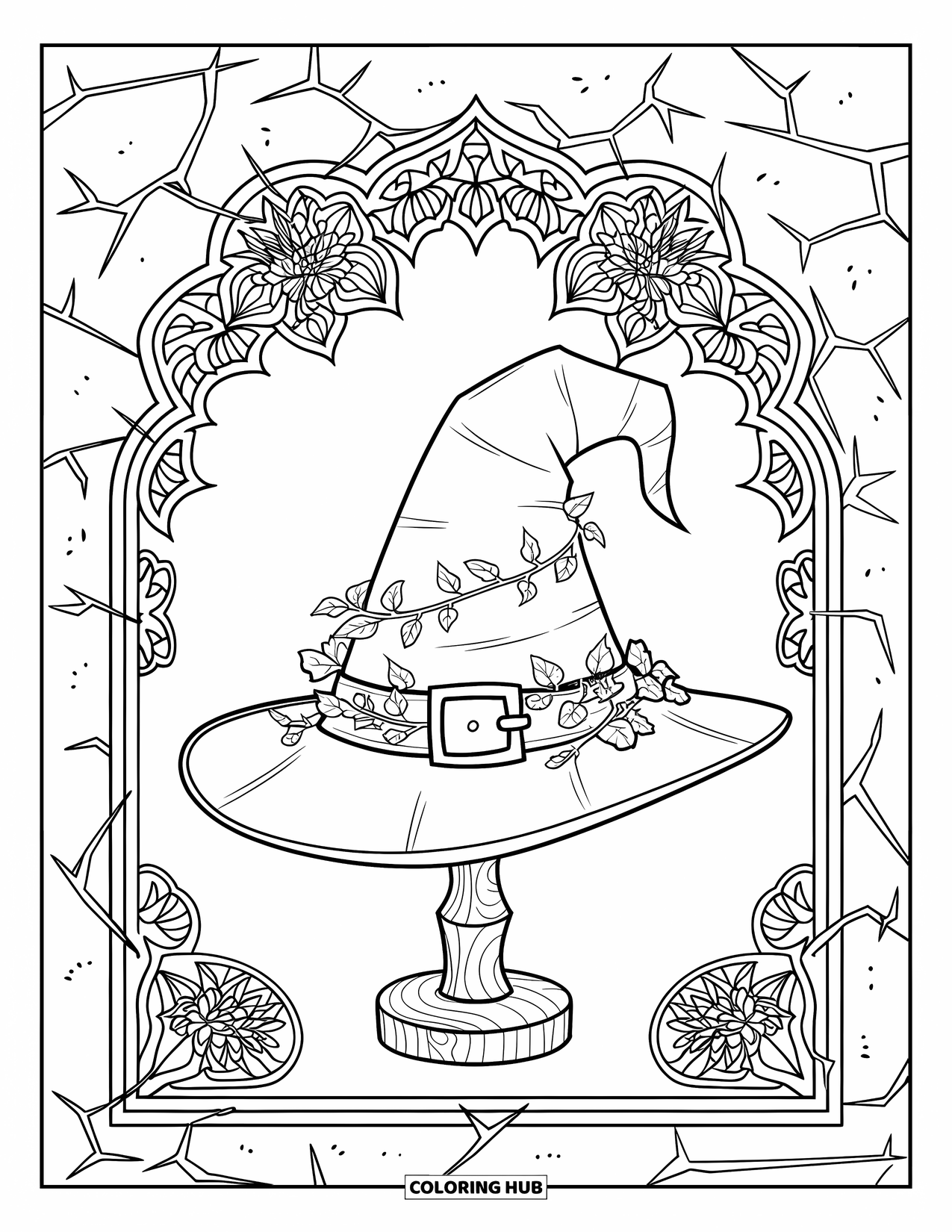 Hat Coloring Page for Adults: Witch hat with ivy, framed by gothic floral mandalas and cracks