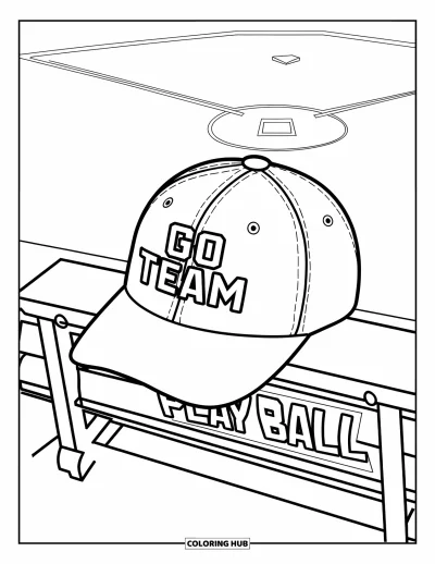 Coloriage de chapeau pour enfants : Casquette de baseball avec "GO TEAM" inscrit, posée sur un banc