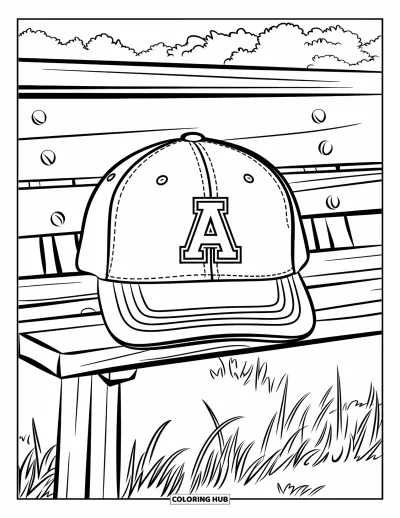 Coloriage de chapeau pour enfants : Casquette de baseball avec un "A" sur un banc en bois