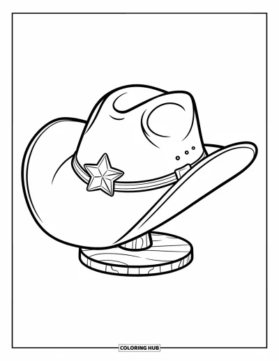 Coloriage de chapeau pour enfants : Grand chapeau de cowboy avec un badge étoile brillant sur un support en bois