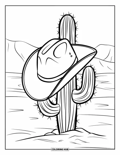 Coloriage de chapeau pour enfants : Grand chapeau de cowboy sur un cactus épineux avec des montagnes au loin