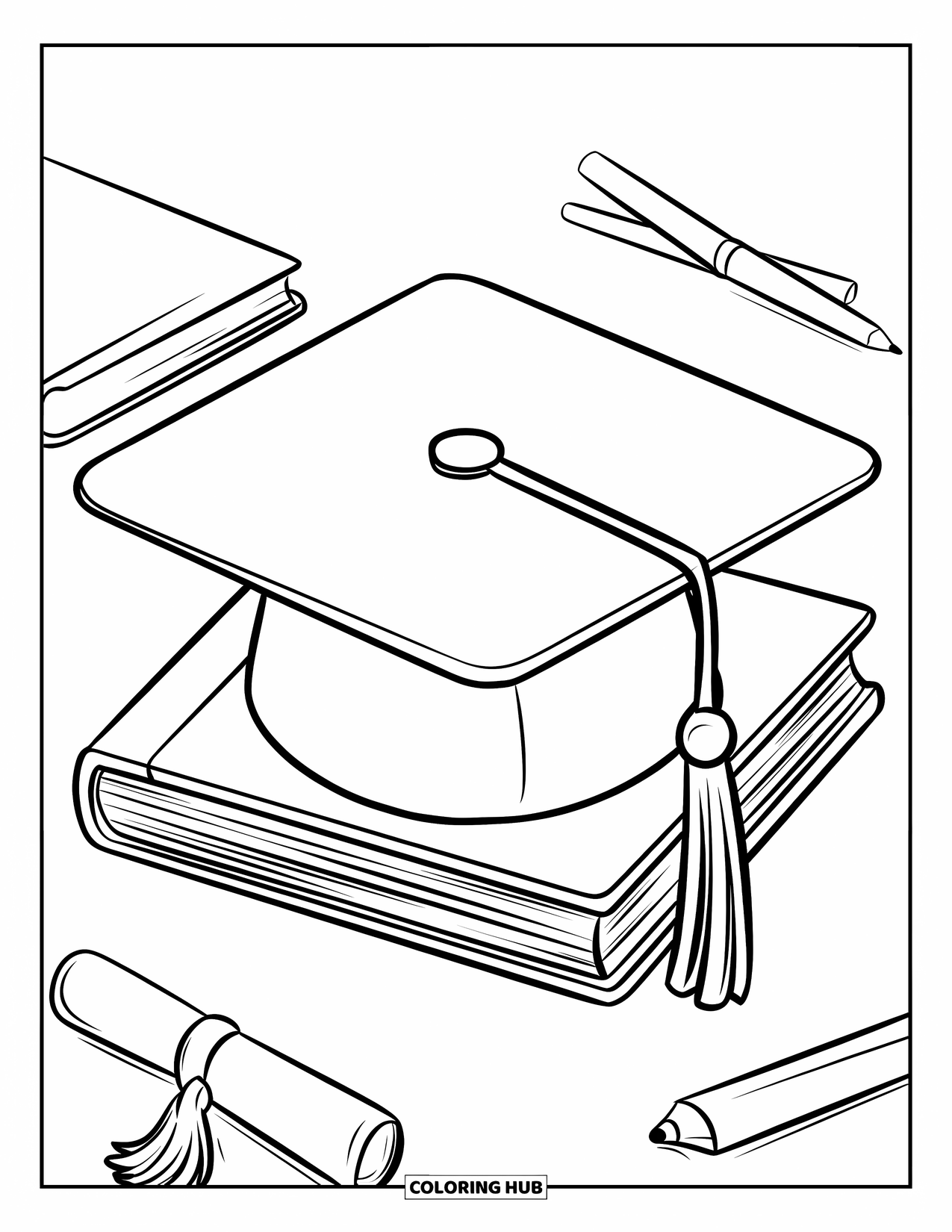 Hat Coloring Page for Kids: Books and graduation cap with pencil and diploma nearby
