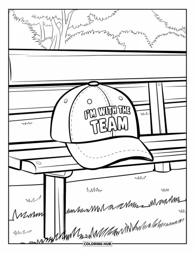 Coloriage de chapeau pour enfants : Casquette avec "I'm with the team" sur un banc de terrain de sport