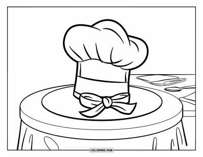 Coloriage de chapeau pour enfants : Toque de chef cuisinier avec un ruban posée près d'ustensiles sur une table
