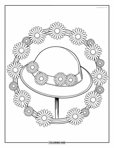 Coloriage de chapeau pour enfants : Chapeau cloche sur un bâton entouré de marguerites