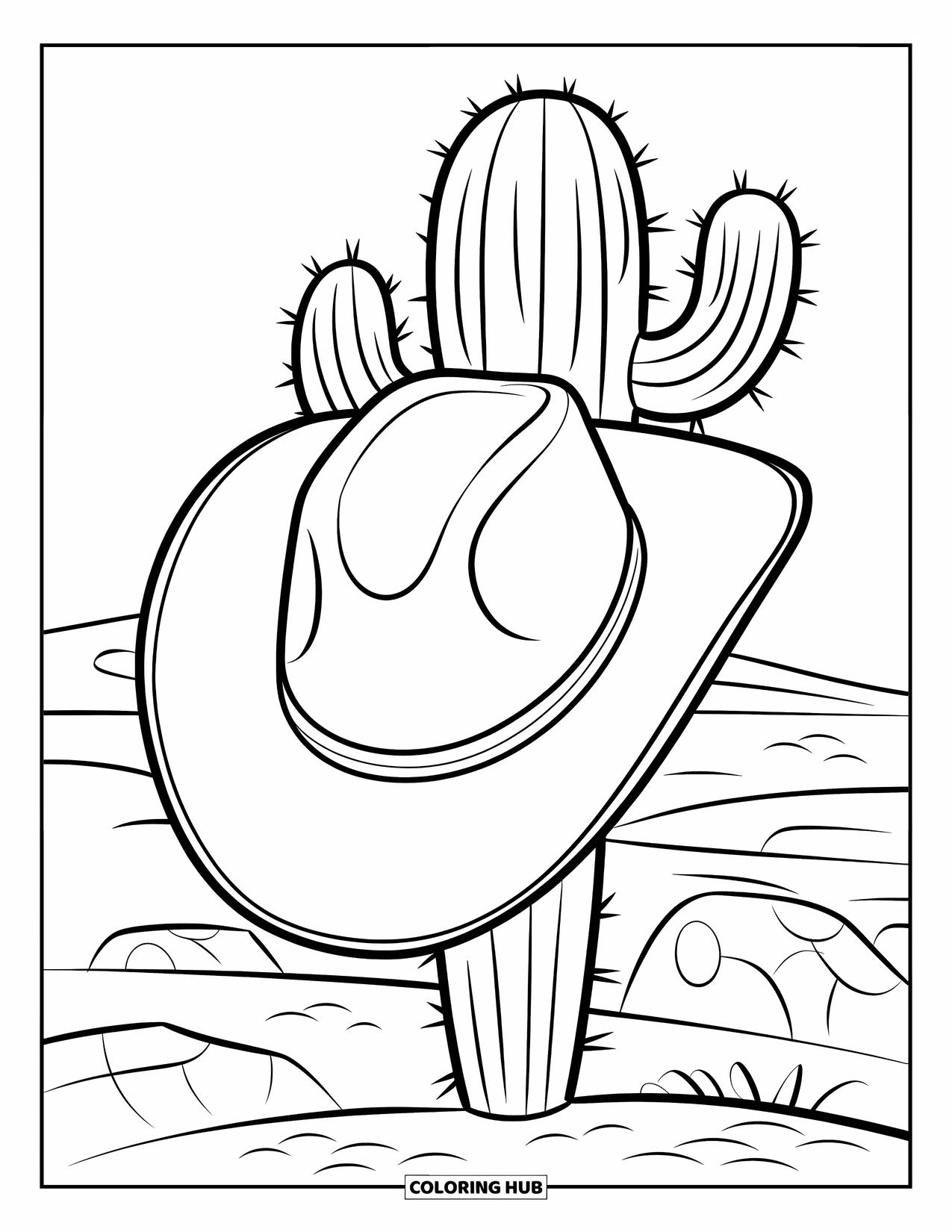 Hat Coloring Page for Kids: Cowboy hat hanging on a cactus in a wide desert scene