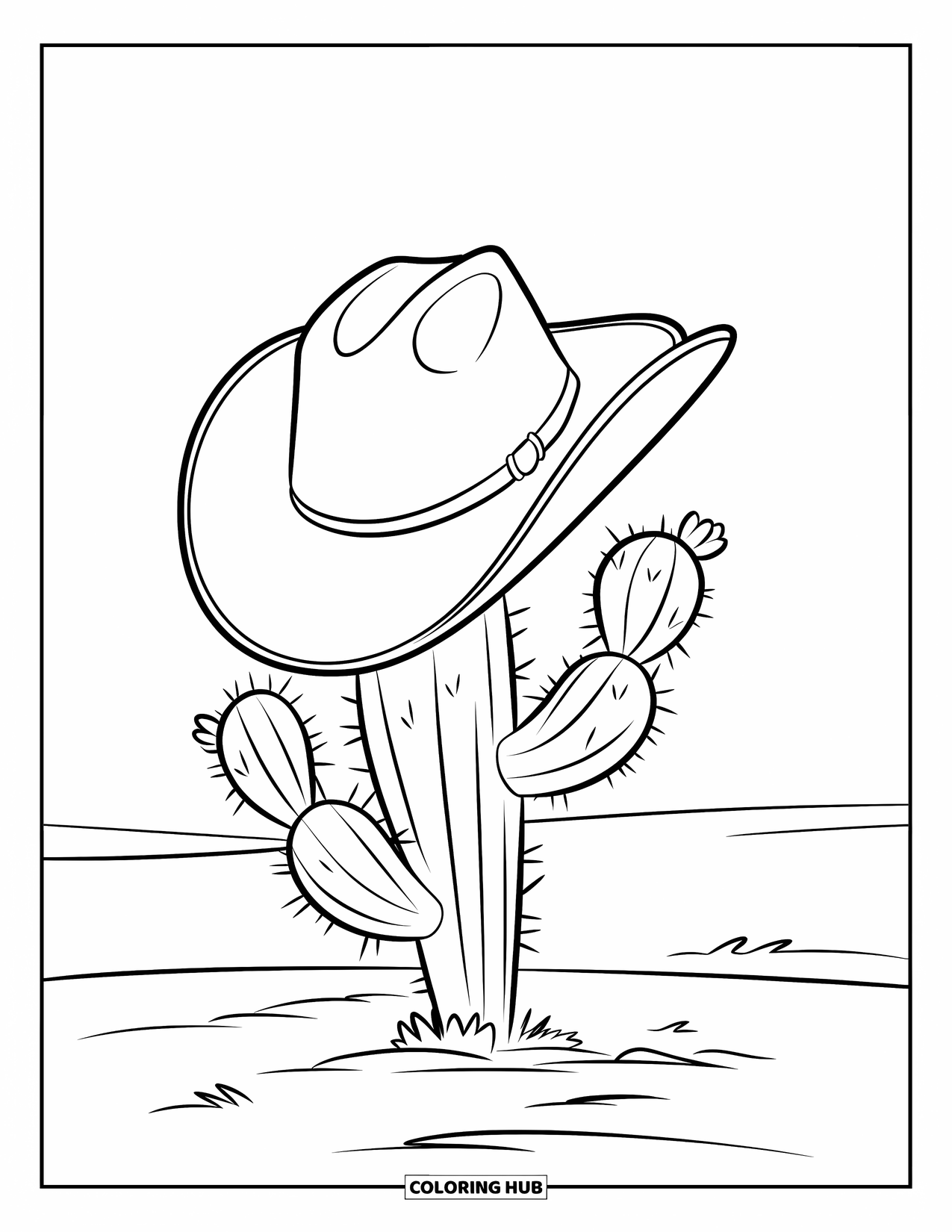 Hat Coloring Page for Kids: Cowboy hat tilted on a cactus under a clear desert sky