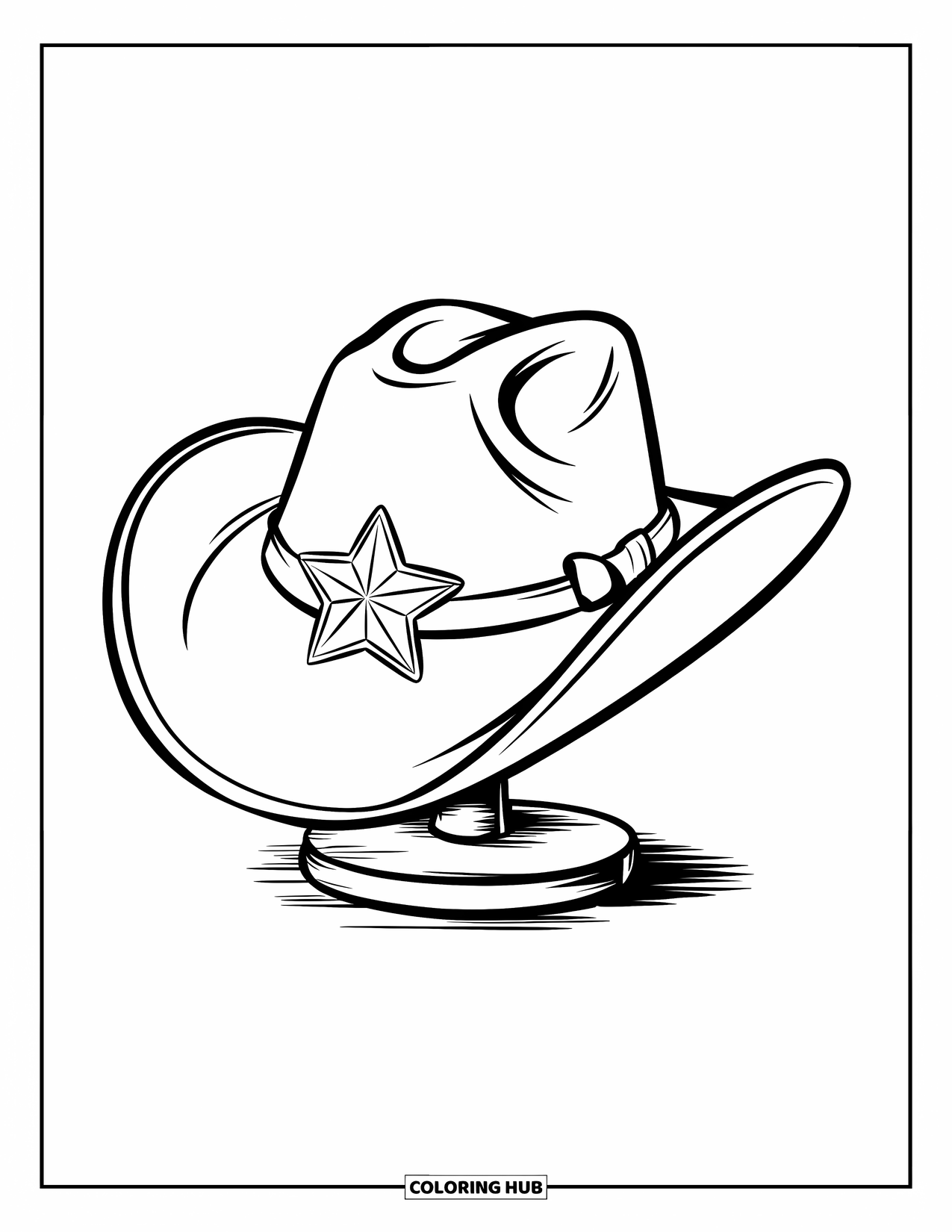 Hat Coloring Page for Kids: Cowboy hat with star badge resting on a stand for display