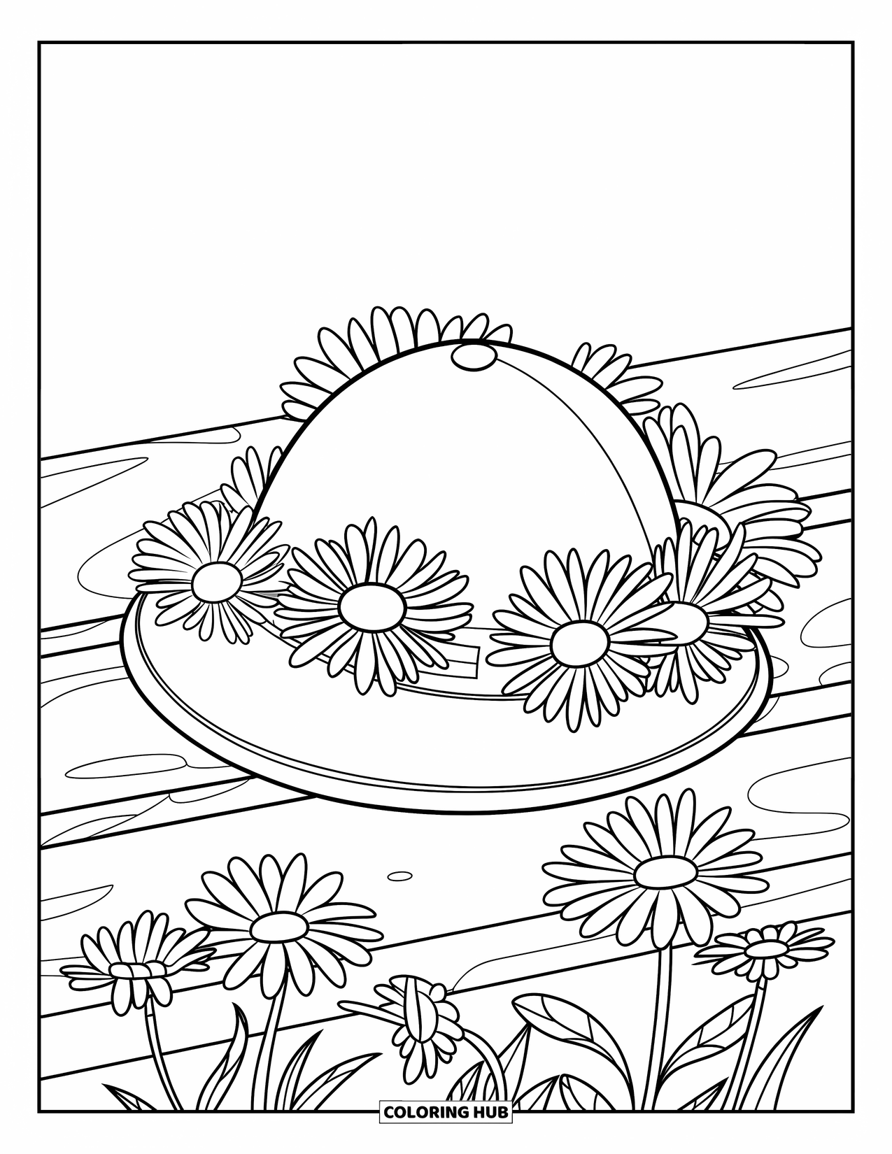 Hat Coloring Page for Kids: Daisy-filled cloche hat scene with a soft, simple design