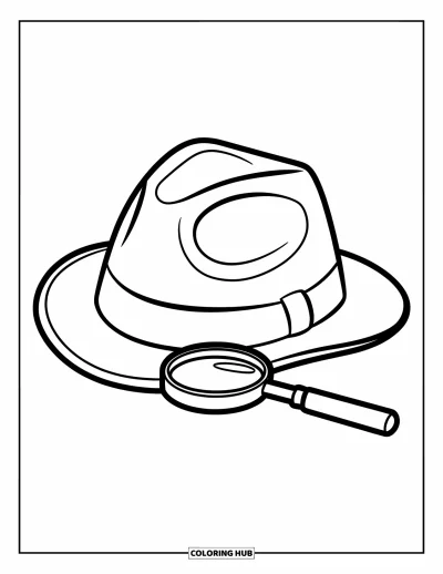 Coloriage de chapeau pour enfants : Fedora de détective posé à côté d'une loupe