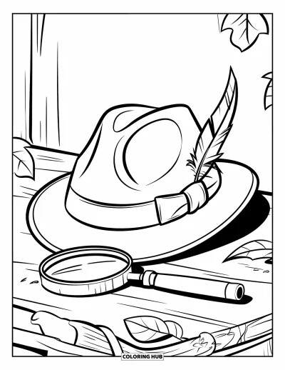 Coloriage de chapeau pour enfants : Fedora de détective avec une plume, une pipe et des feuilles alentour