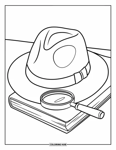 Coloriage de chapeau pour enfants : Fedora et loupe posés sur un livre
