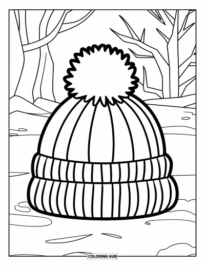 Coloriage de chapeau pour enfants : Bonnet douillet posé sur la neige avec des arbres dénudés d'hiver alentour