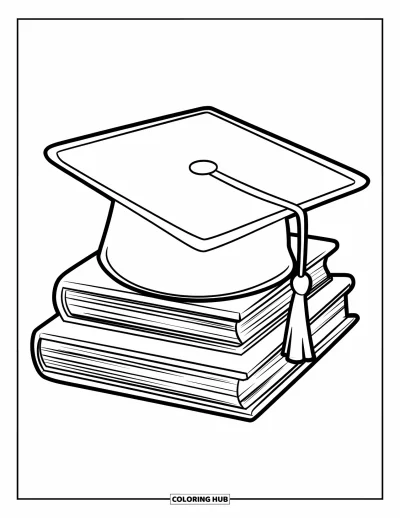 Coloriage de chapeau pour enfants : Toque de diplômé posée sur une pile de livres bien rangés