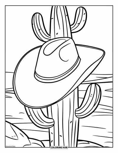 Coloriage de chapeau pour enfants : Grand chapeau de cowboy posé sur un cactus dans un désert ouvert