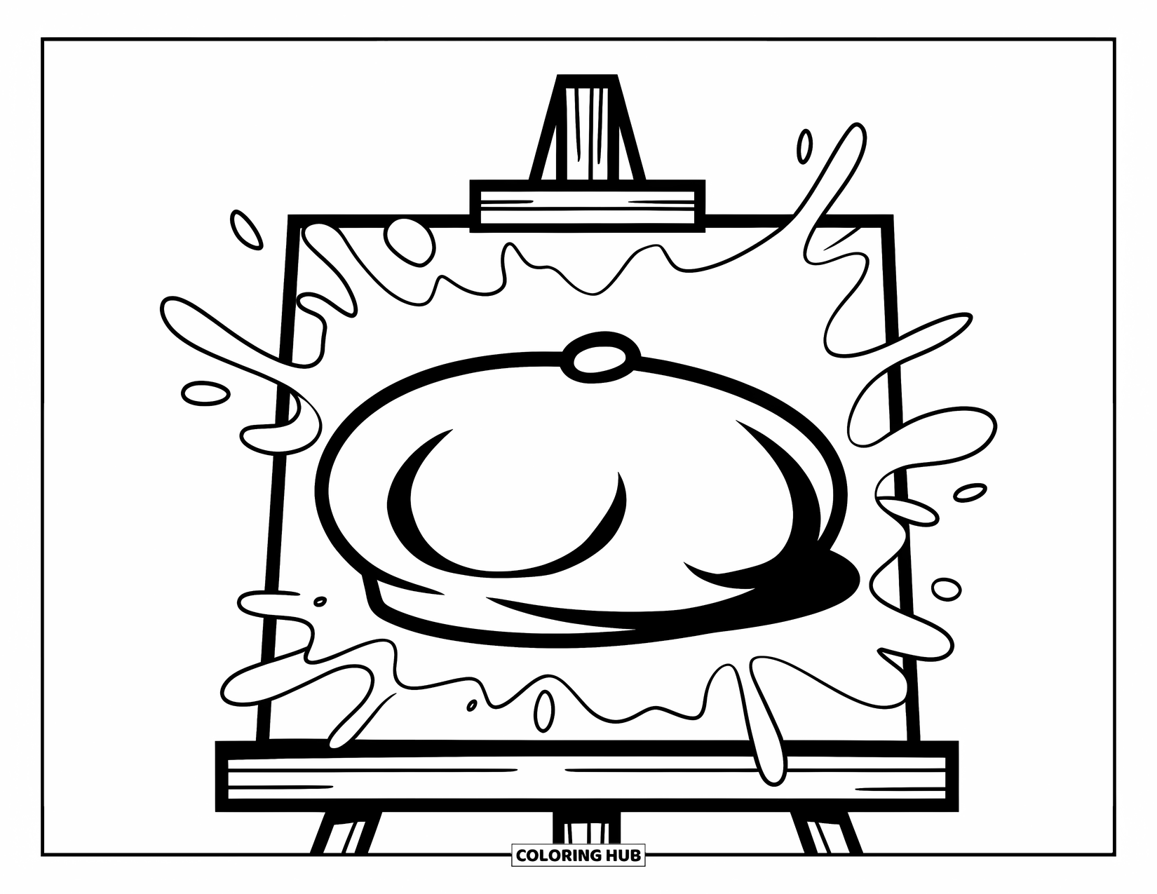 Hat Coloring Page for Kids: Paint-splashed easel with beret on a white canvas