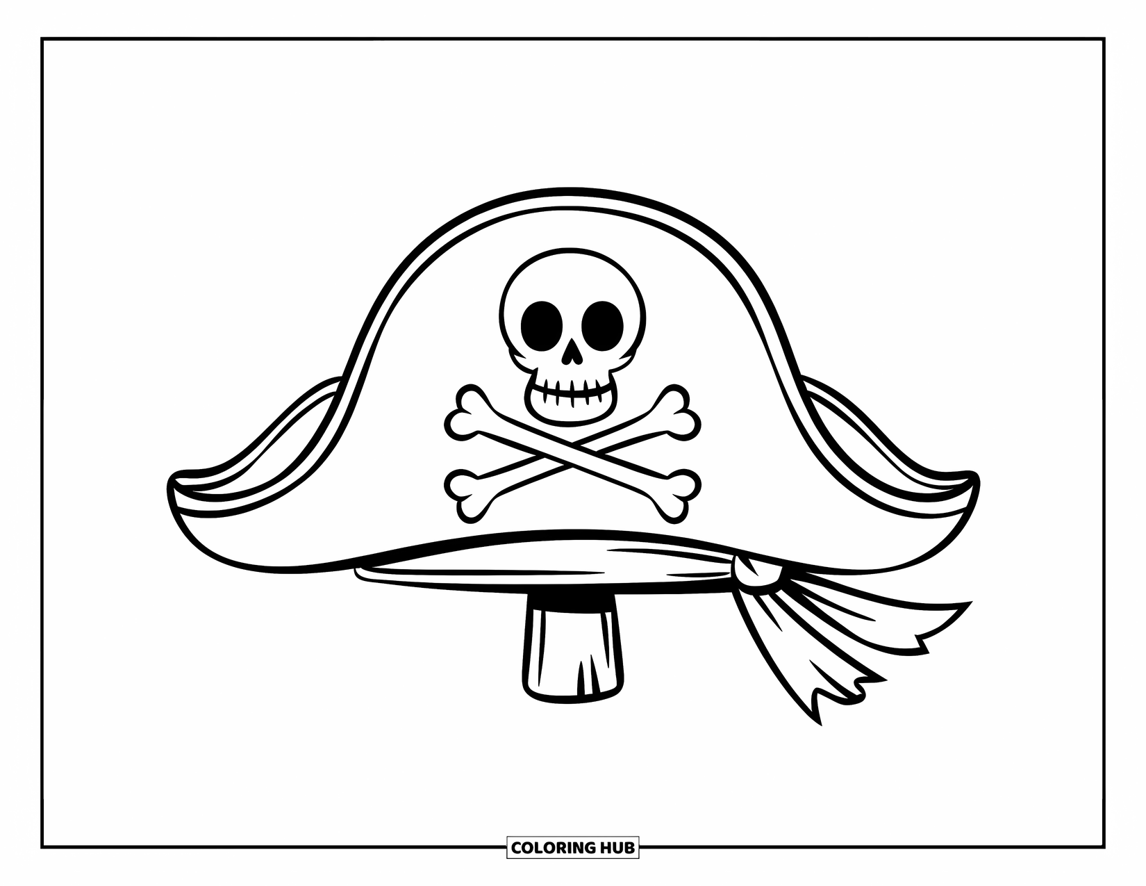 Hat Coloring Page for Kids: Pirate hat with skull and crossbones hanging on a wooden peg