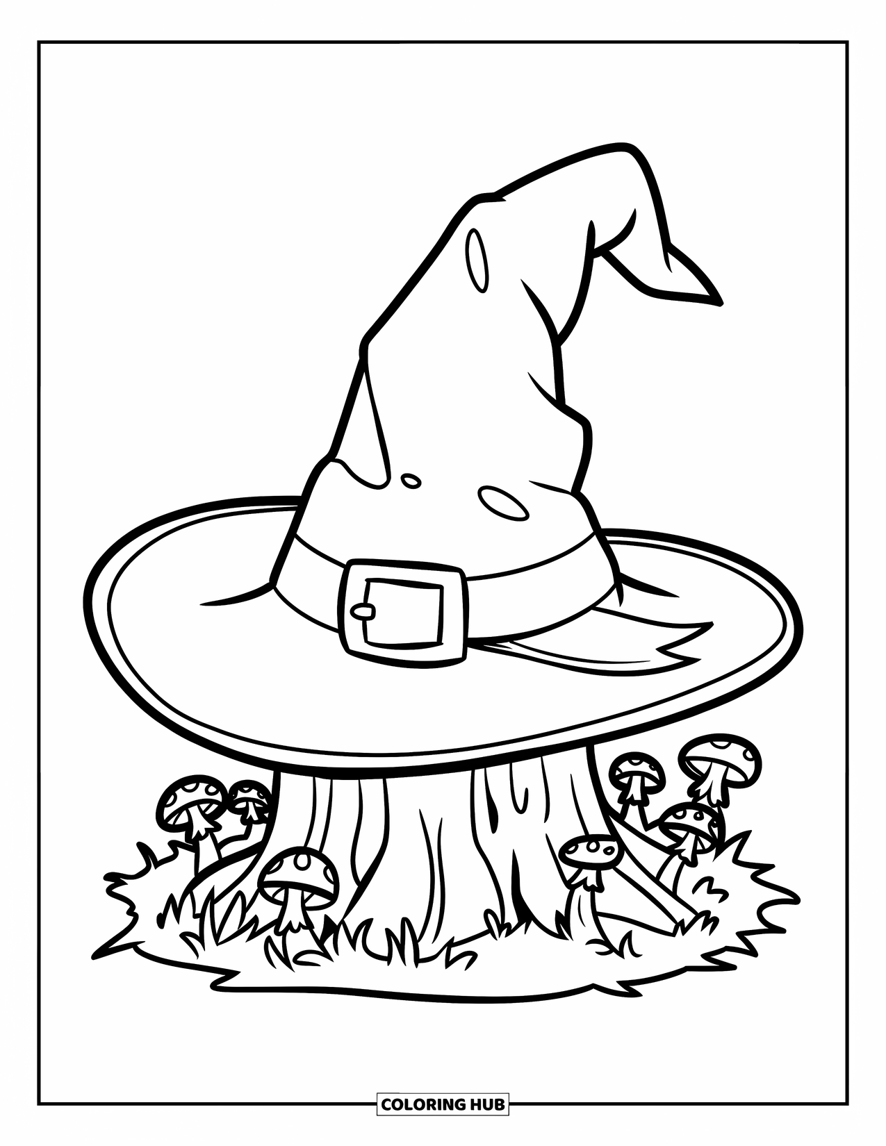 Hat Coloring Page for Kids: Pointy witch hat with a buckle resting on a forest stump