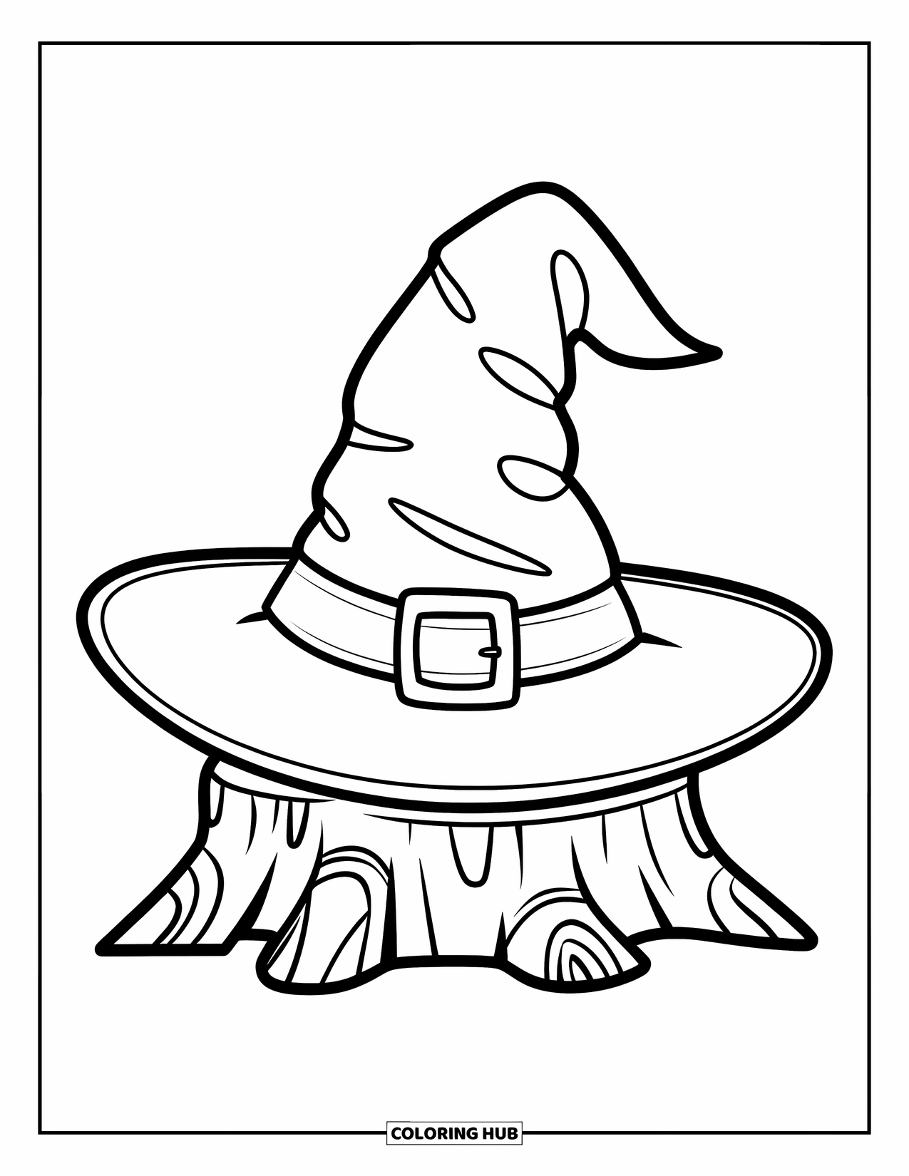 Hat Coloring Page for Kids: Pointy witch hat with buckle on a stump, perfect for preschoolers