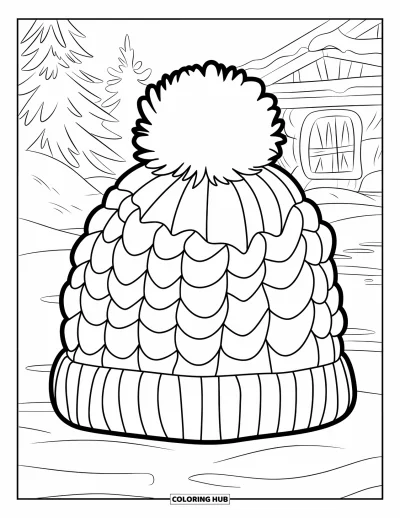 Coloriage de chapeau pour enfants : Bonnet à pompon sur la neige près de sapins et d'un chalet