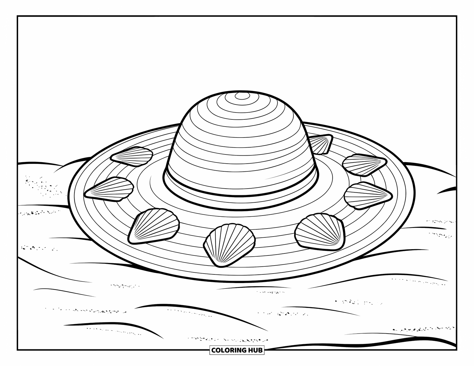 Hat Coloring Page for Kids: Round sun hat with seashells arranged in a circle