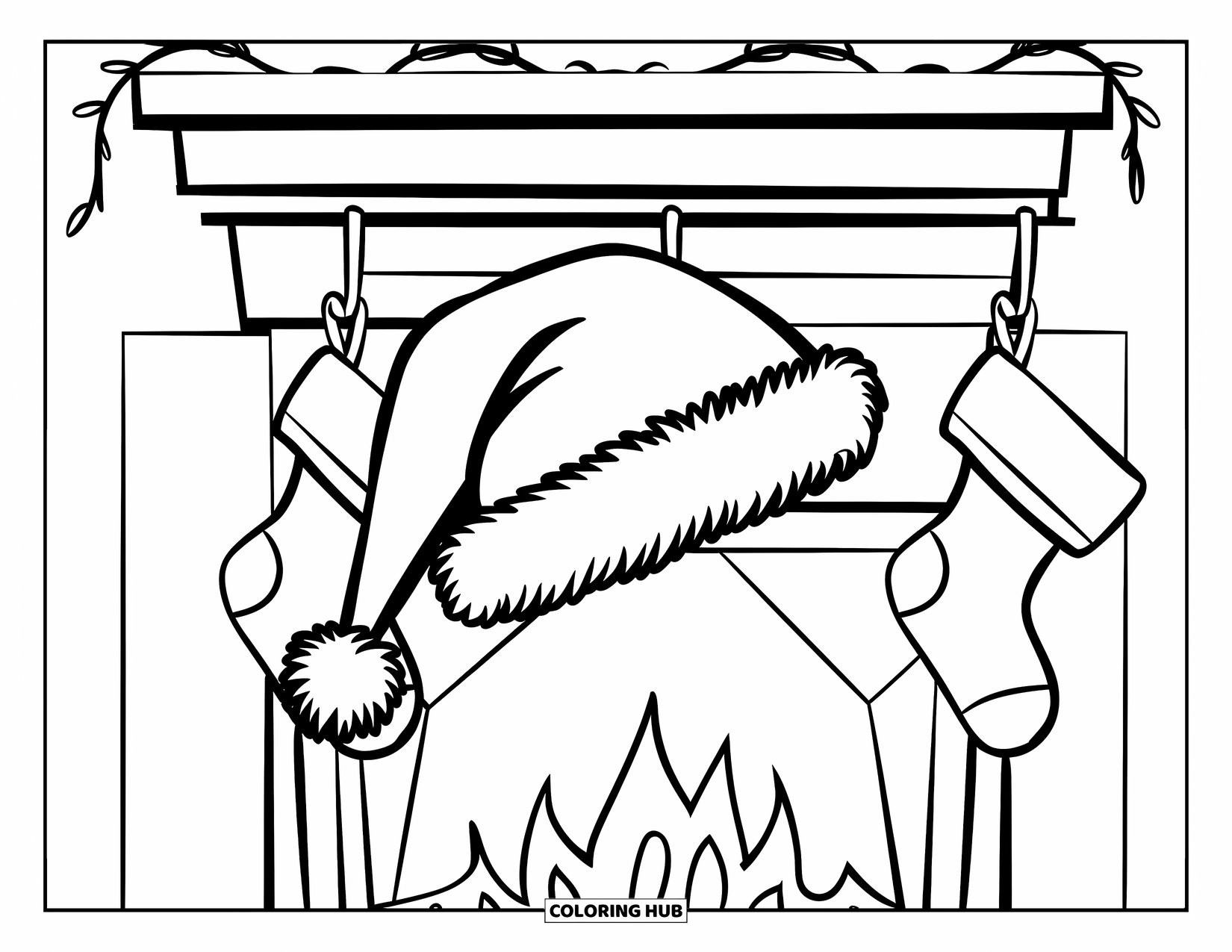 Hat Coloring Page for Kids: Santa hat and stockings hanging from a fireplace mantle