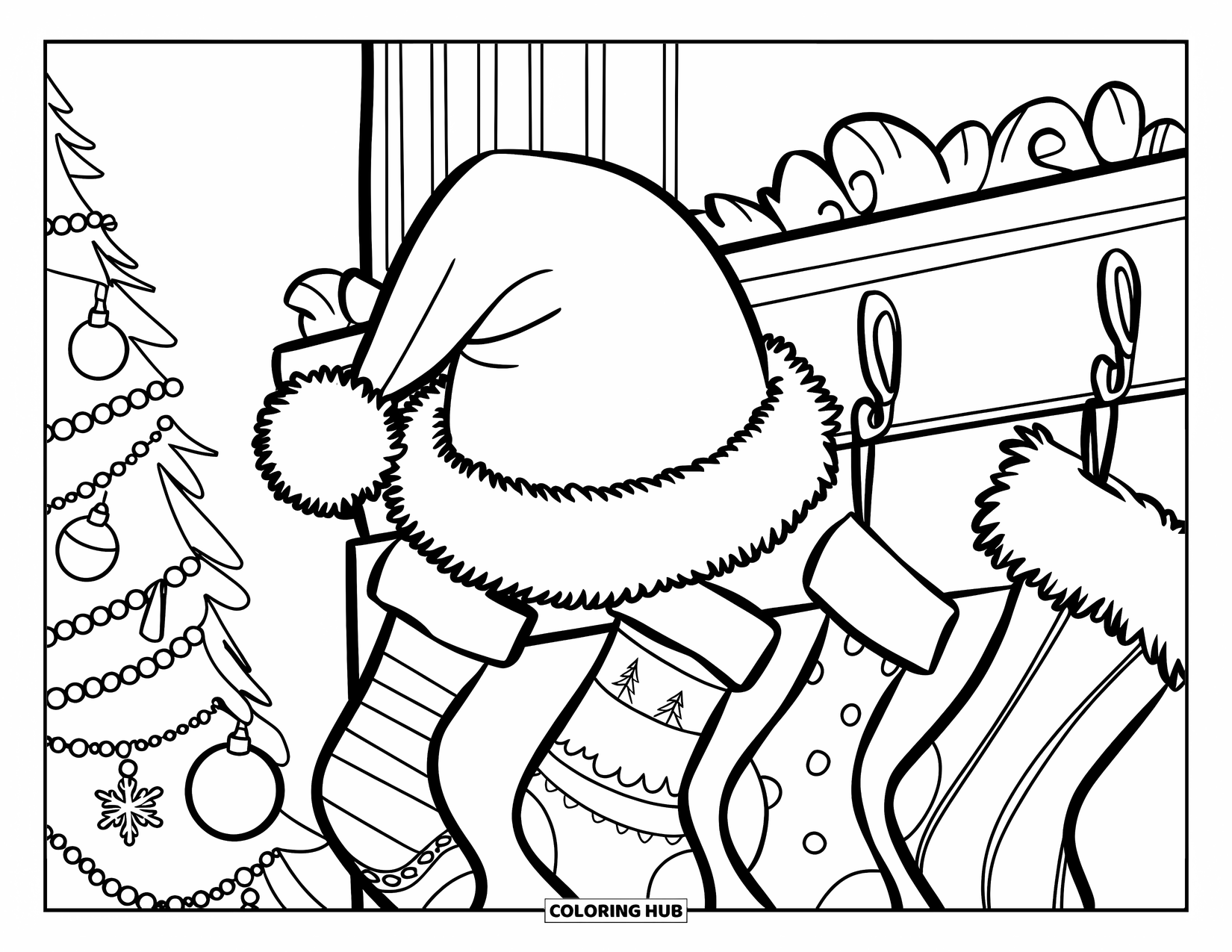 Hat Coloring Page for Kids: Santa hat and stockings near a Christmas tree and cozy room