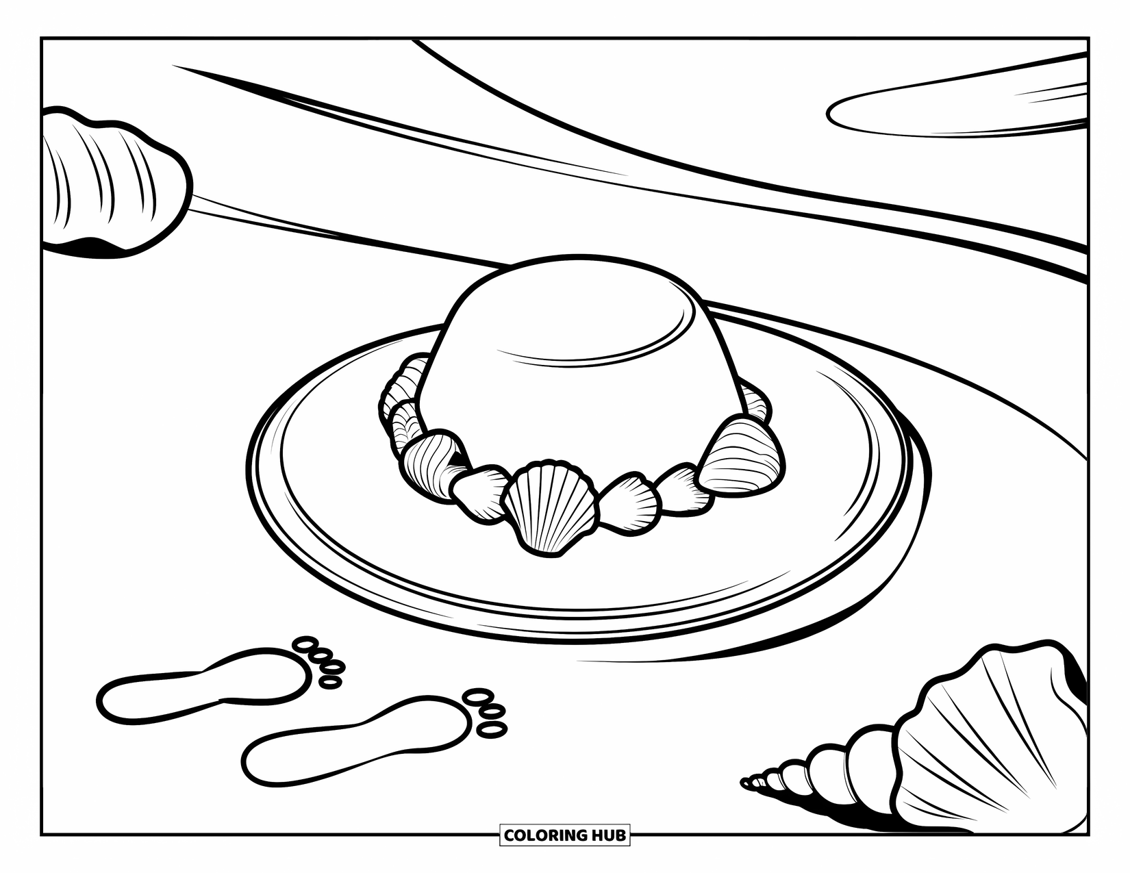 Hat Coloring Page for Kids: Seashell-decorated sun hat with footprints in the sand