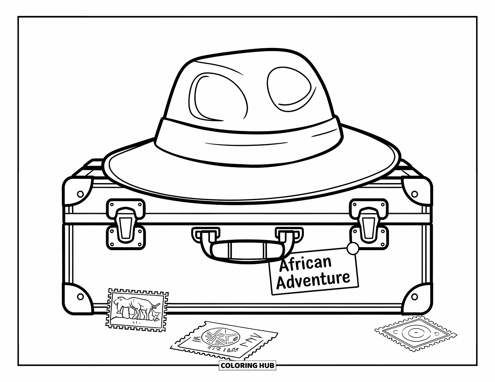 Hat Coloring Page for Kids: Suitcase with safari hat and "African Adventure" label