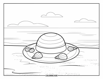 Coloriage de chapeau pour enfants : Chapeau de soleil sur le sable près d'une mer calme et d'un ciel clair