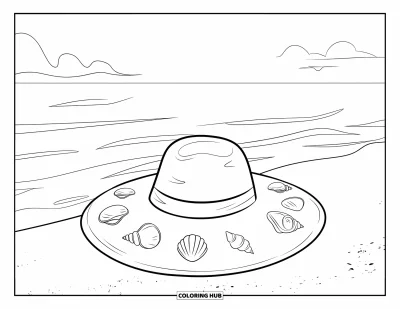 Coloriage de chapeau pour enfants : Chapeau de soleil avec des coquillages posé sur le sable de la plage