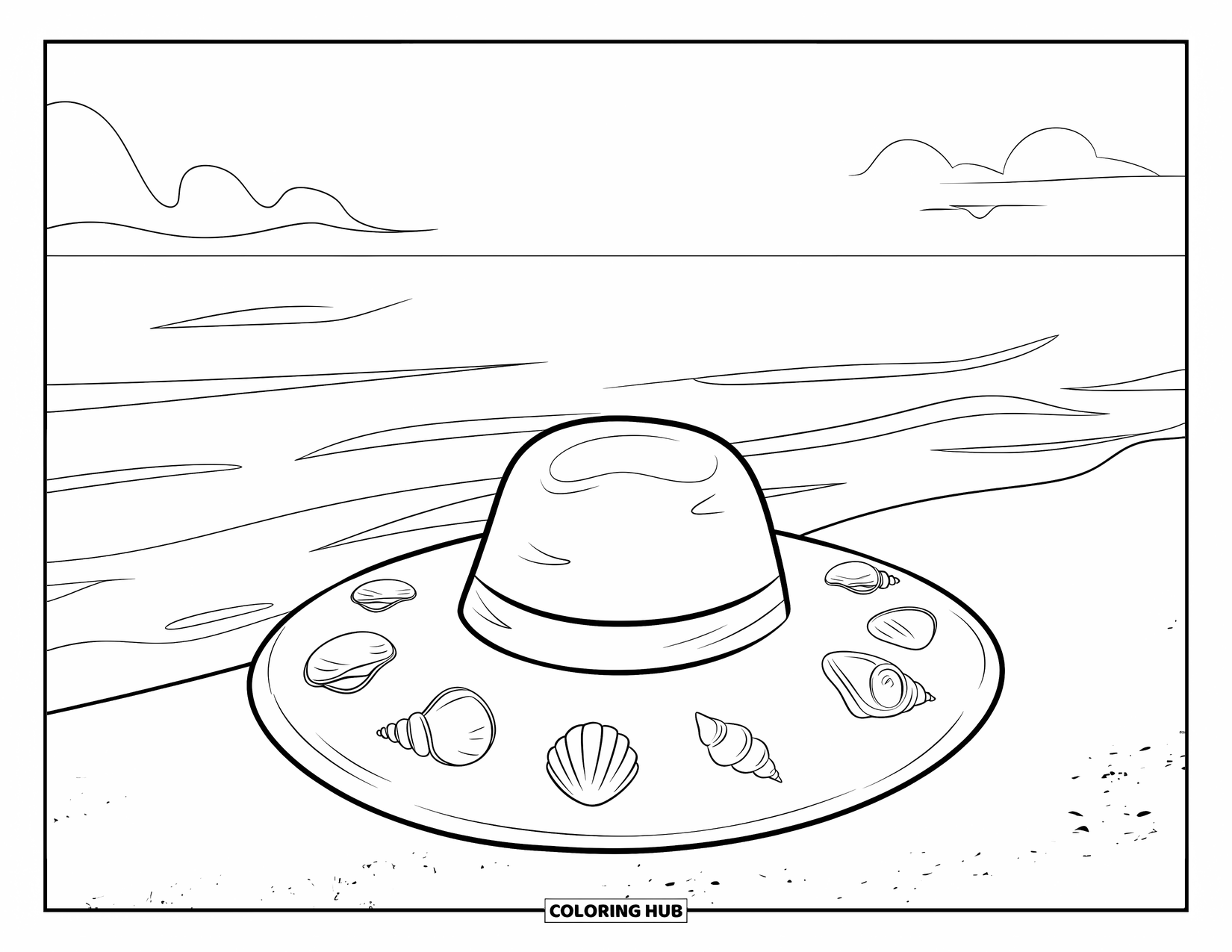 Hat Coloring Page for Kids: Sun hat with seashells resting on the beach sand