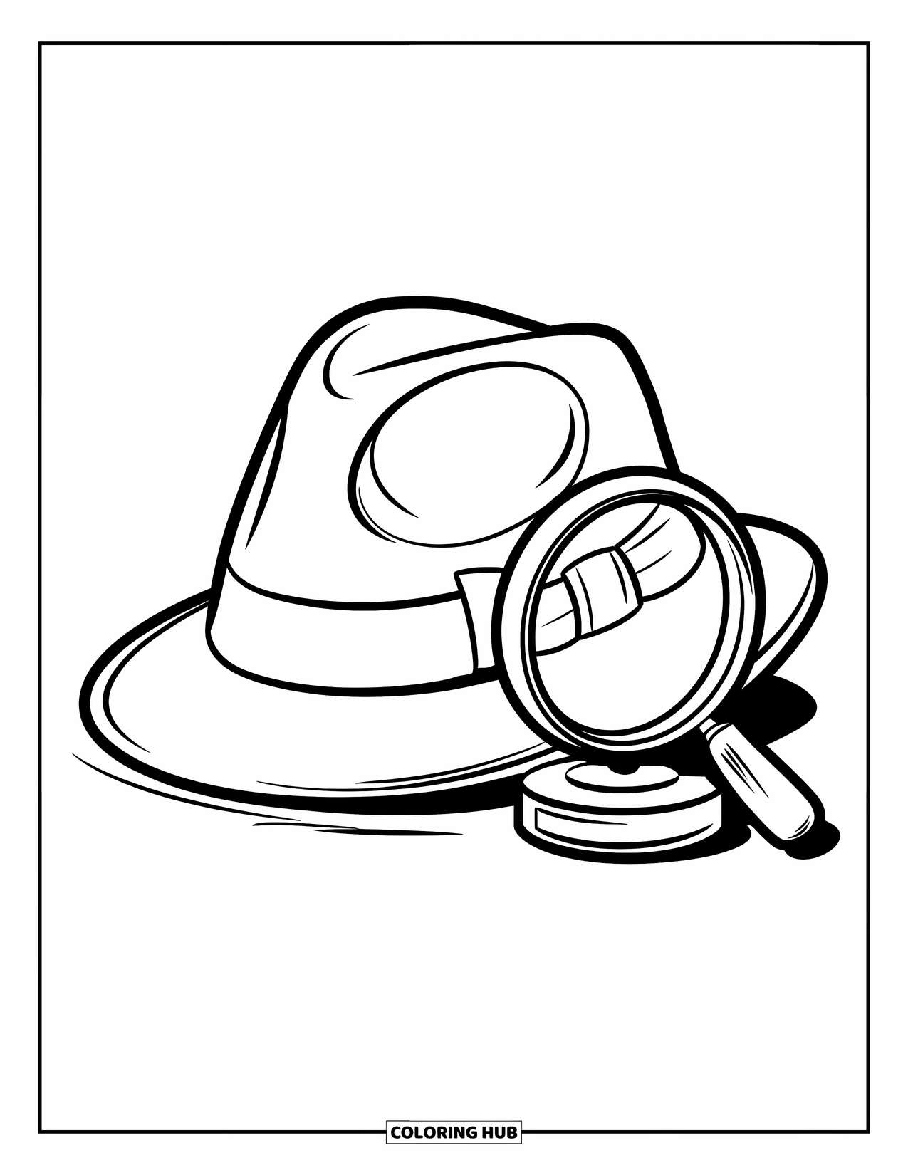 Hat Coloring Page for Kids: Tilted fedora with ribbon beside a magnifying glass on a stand