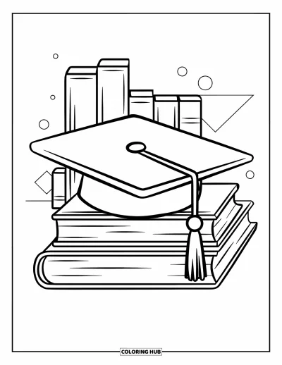 Coloriage de chapeau pour enfants : Toque de diplômé inclinée sur des livres empilés avec un fond simple