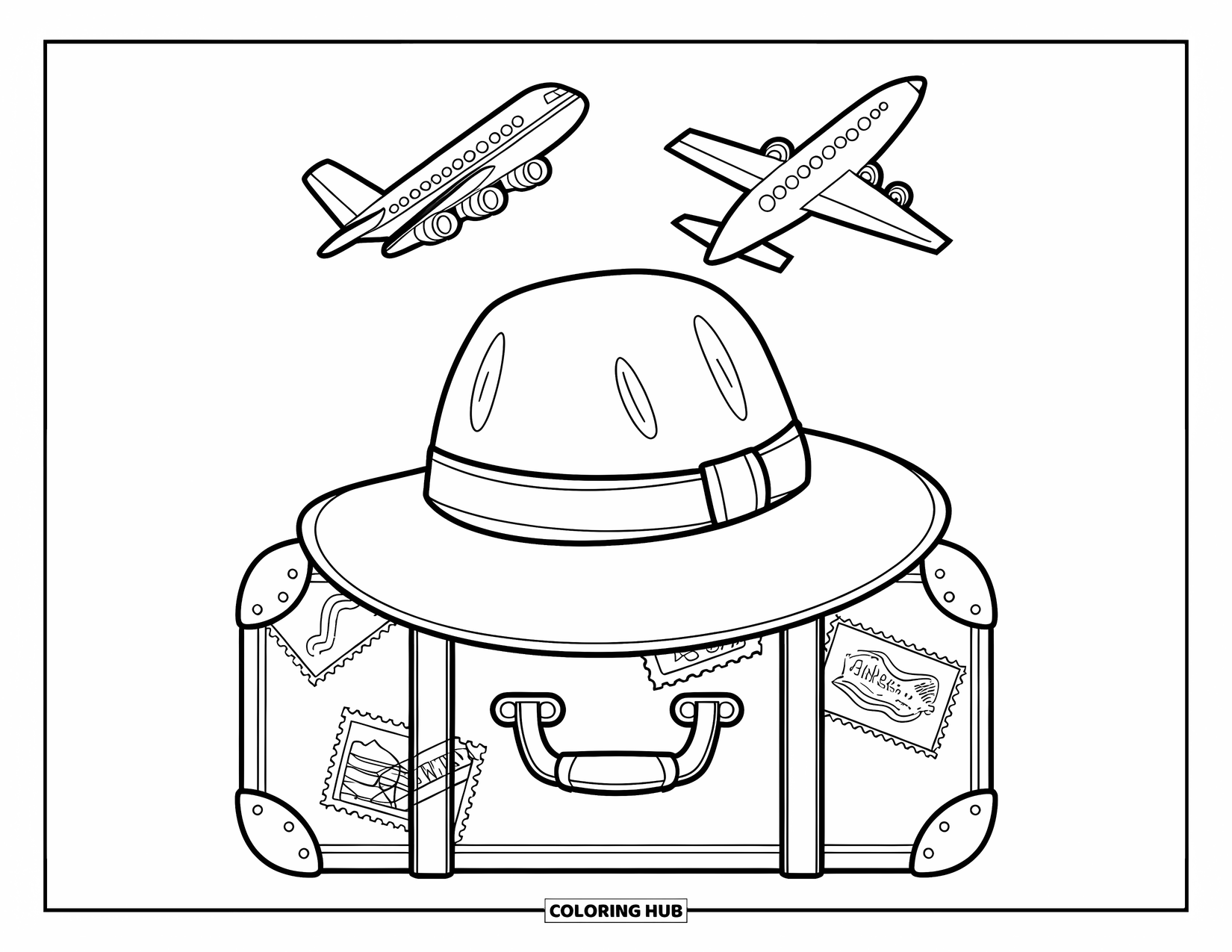 Hat Coloring Page for Kids: Vintage suitcase with safari hat and travel-themed items around it