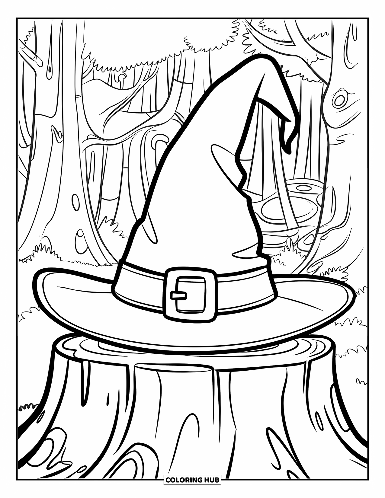 Hat Coloring Page for Kids: Witch hat in front of a magical forest with tall trees