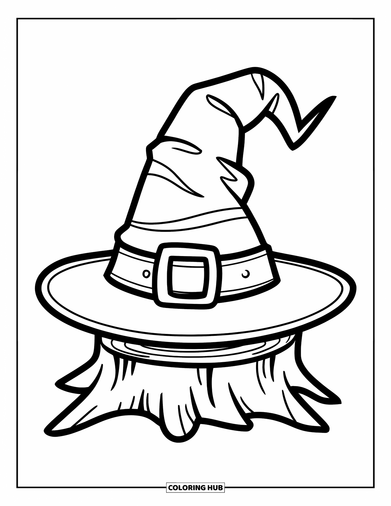Hat Coloring Page for Kids: Witch hat with wide buckle sitting neatly on a wooden stump